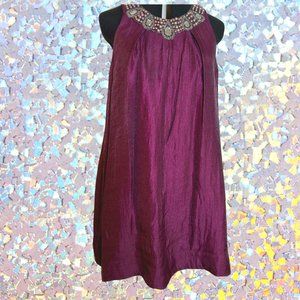 Hayden Burgundy Babydoll Dress with Woven Beaded Collar, L